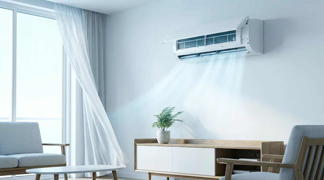 Air conditioning unit open and delivering cool air